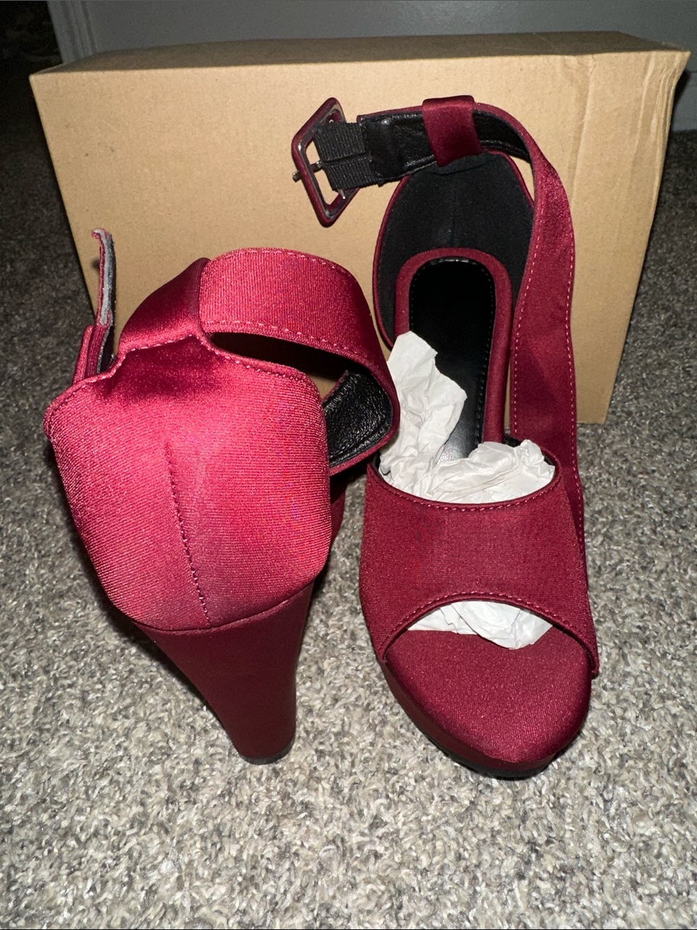 Satin Peep-Toe Platform Heels in Burgundy with Ankle Strap